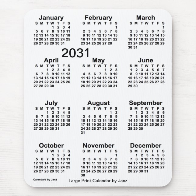2031 White Large Print Calendar von Janz Mousepad (Vorne)