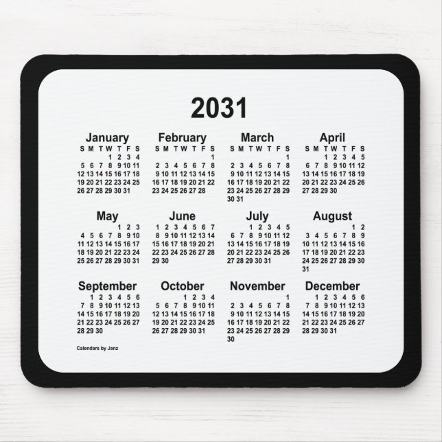 2031 White on Black Calendar by Janz Two Tone Mousepad (Vorne)