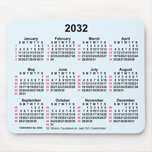 2032 Alice Blue 52 Weeks ISO Calendar by Janz Mousepad (Vorne)