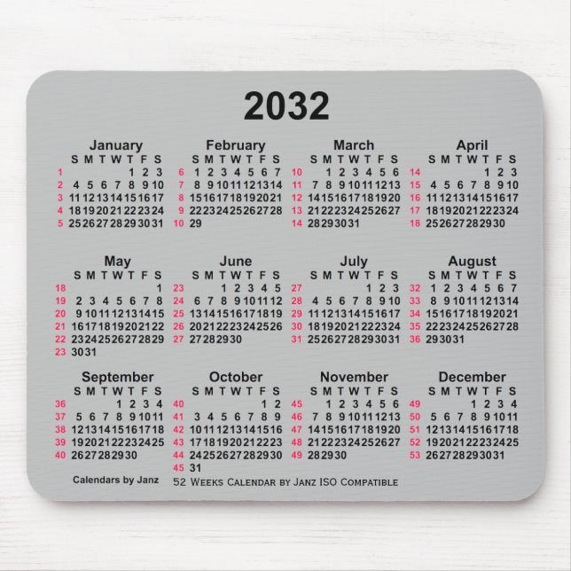 2032 Silver 52 Weeks ISO Calendar by Janz Mousepad (Vorne)