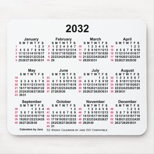 2032 White 52 Weeks ISO Calendar by Janz Mousepad (Vorne)