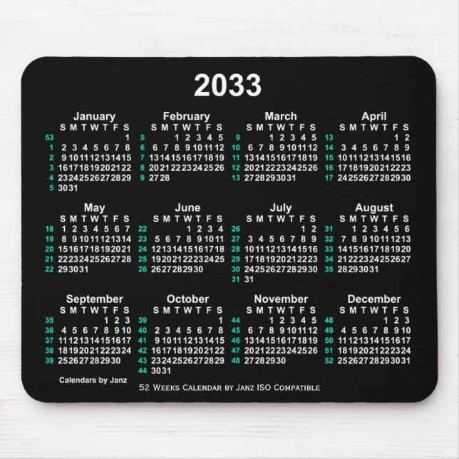 2033 Neon White 52 Weeks ISO Calendar by Janz Mousepad (Vorne)