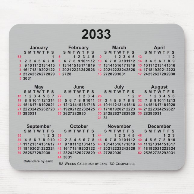 2033 Silver 52 Weeks ISO Calendar by Janz Mousepad (Vorne)