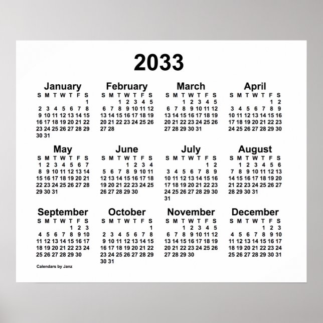 2033 Weißer Kalender von Janz Print Poster (Vorne)