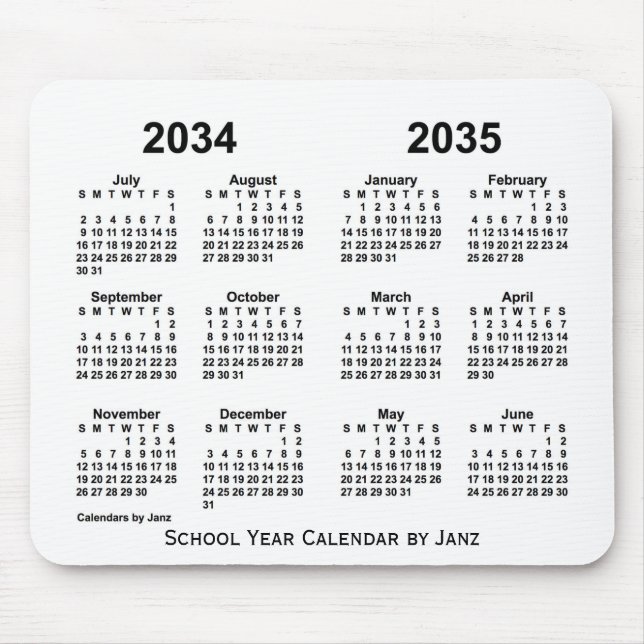 2034-2035 Weißes Schuljahr Kalender von Janz Mousepad (Vorne)
