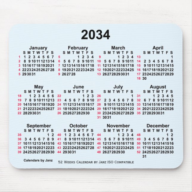 2034 Alice Blue 52 Weeks ISO Calendar by Janz Mousepad (Vorne)