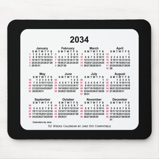 2034 Black 52 Weeks ISO Kalender von Janz Two Tone Mousepad (Vorne)
