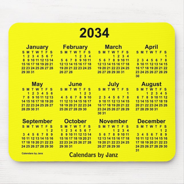2034 Gelber Kalender von Janz Mouse Pad Mousepad (Vorne)