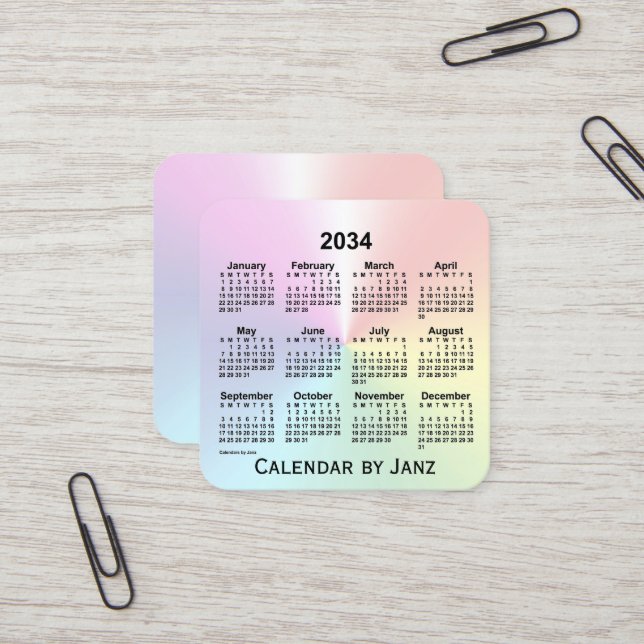 2034 Rainbow Shimmer Calendar von Janz Quadratische Visitenkarte (Vorderseite/Rückseite Beispiel)