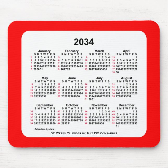 2034 Red 52 Weeks ISO Kalender von Janz Two Tone Mousepad (Vorne)