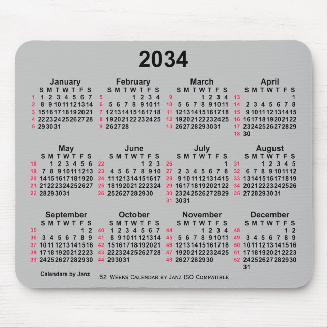 2034 Silver 52 Weeks ISO Calendar by Janz Mousepad (Vorne)