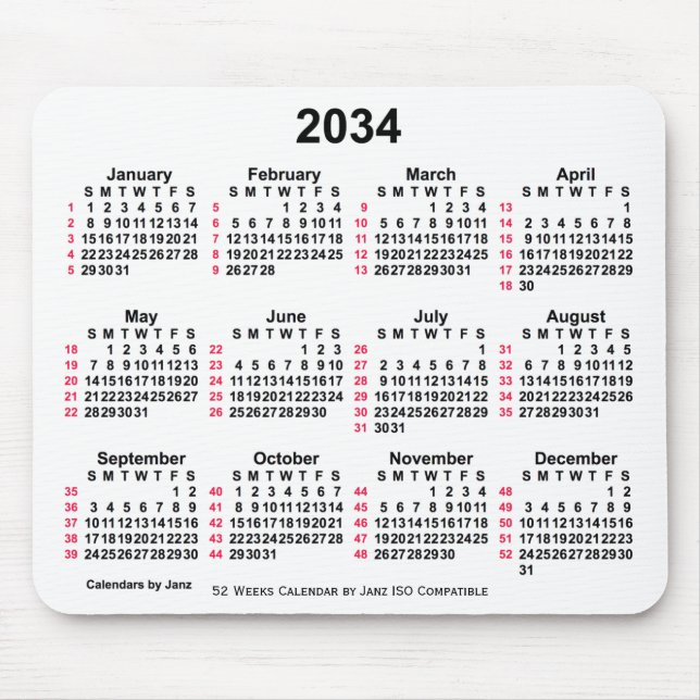 2034 White 52 Weeks ISO Calendar by Janz Mousepad (Vorne)