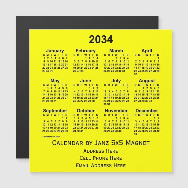 2034 Yellow Business Calendar von Janz Magnetkarte (Vorne/Hinten)