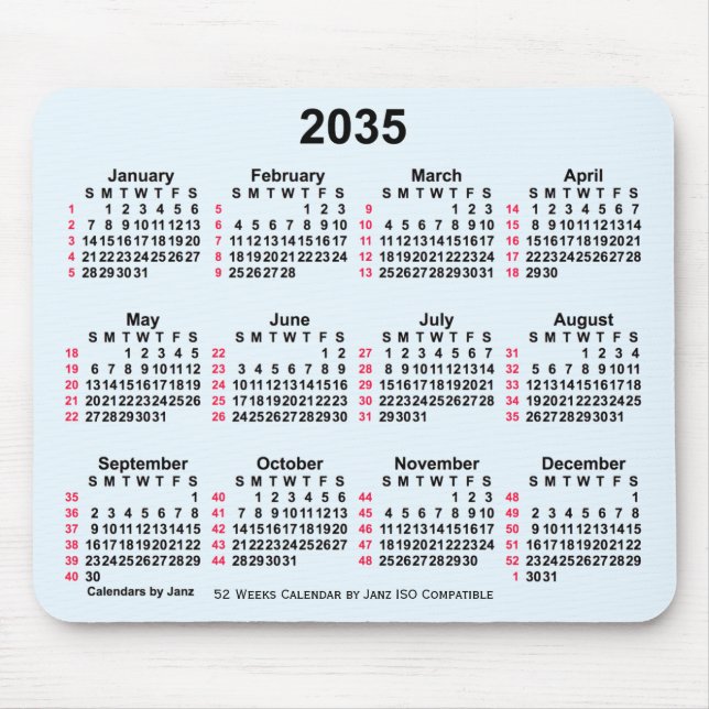2035 Alice Blue 52 Weeks ISO Calendar by Janz Mousepad (Vorne)