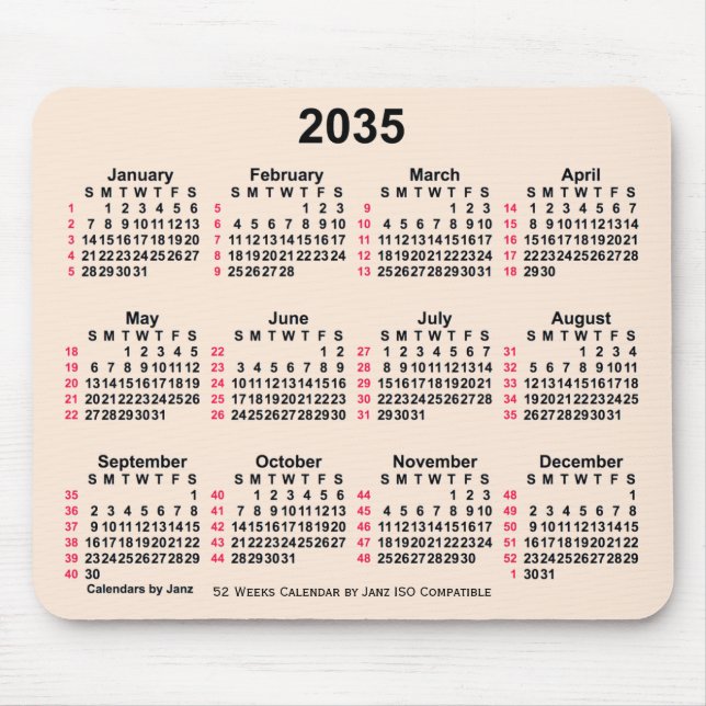 2035 Antik White 52 Weeks ISO Kalender von Janz Mousepad (Vorne)