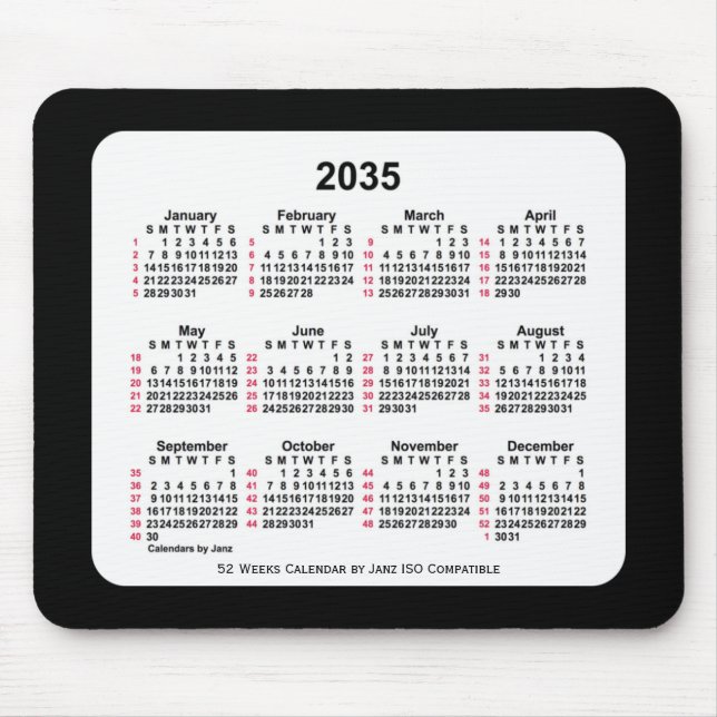 2035 Black 52 Weeks ISO Calendar by Janz Two Mousepad (Vorne)