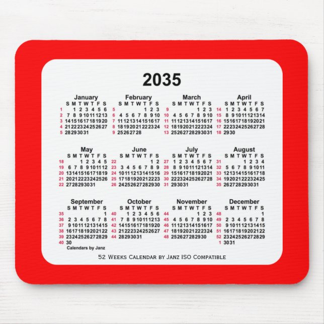 2035 Red 52 Weeks ISO Calendar by Janz Two Mousepad (Vorne)
