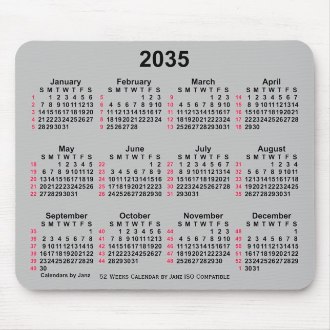 2035 Silver 52 Weeks ISO Kalender von Janz Mousepad (Vorne)
