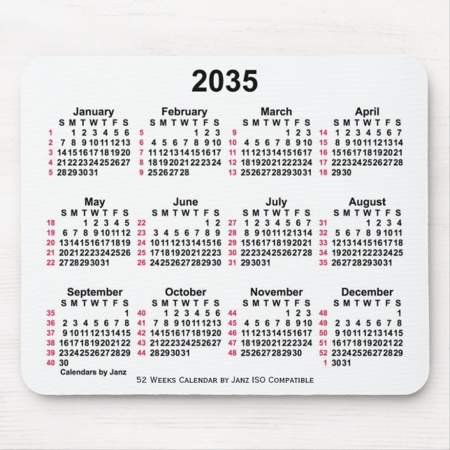 2035 White 52 Weeks ISO Calendar by Janz Mousepad (Vorne)