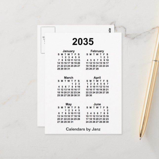 2035 White 6 Month Mini Kalender von Janz Postkarte (Vorderseite/Rückseite Beispiel)