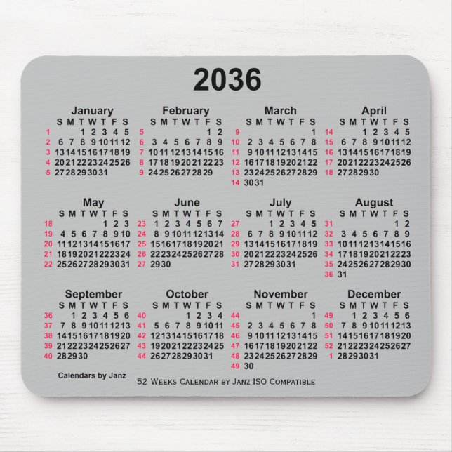 2036 Silver 52 Weeks ISO Calendar by Janz Mousepad (Vorne)