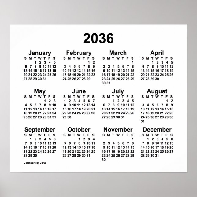 2036 Weißer Kalender von Janz Print Poster (Vorne)