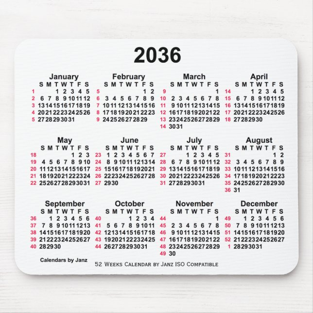 2036 White 52 Weeks ISO Calendar by Janz Mousepad (Vorne)