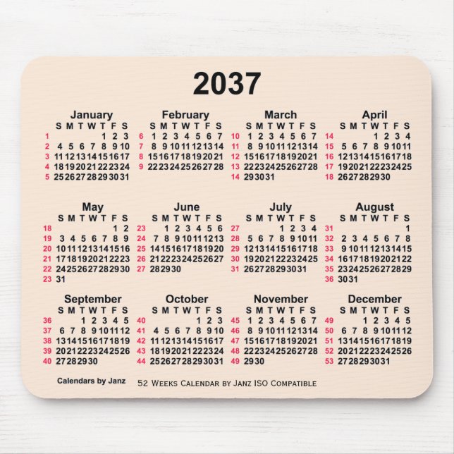 2037 Antikes Weiß 52 Wochen ISO Kalender von Janz Mousepad (Vorne)