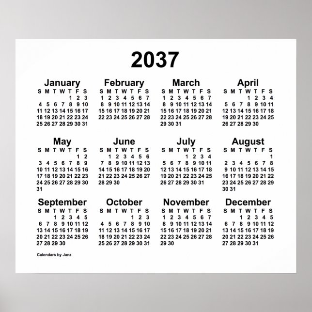 2037 Weißer Kalender von Janz Print Poster (Vorne)