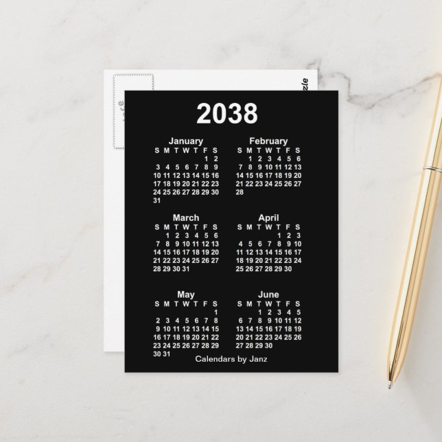 2038 Neon White 6 Month Mini Kalender von Janz Postkarte (Vorderseite/Rückseite Beispiel)