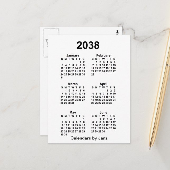 2038 White 6 Month Mini Kalender von Janz Postkarte (Vorderseite/Rückseite Beispiel)