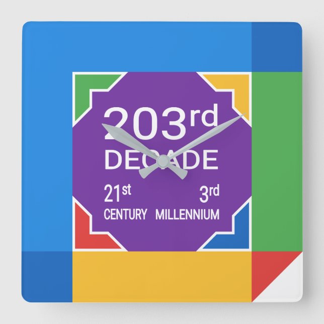 203. Dekade (Neujahr 2021-2030) Quadratische Wanduhr (Vorderseite)