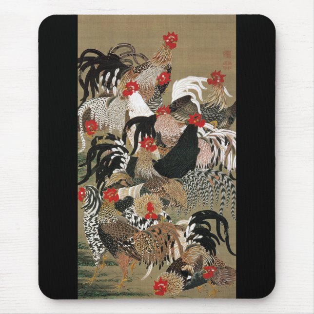 20. 群 鶏 図, 若 冲 Flock of Roosters, Jakuchu Mousepad (Vorne)