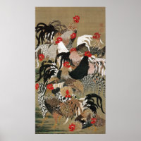 20. 群 鶏 図, 若 冲 Flock of Roosters, Jakuchu