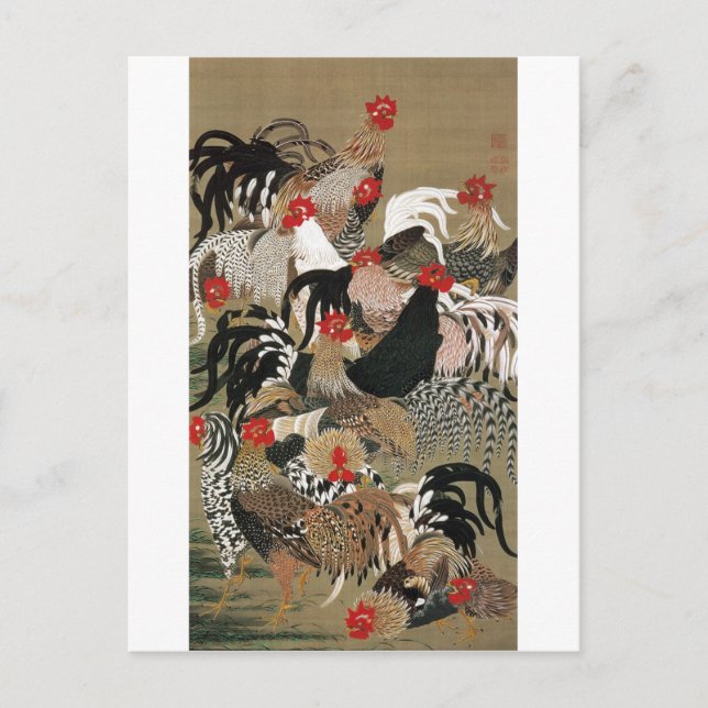20. 群 鶏 図, 若 冲 Flock of Roosters, Jakuchu Postkarte (Vorderseite)