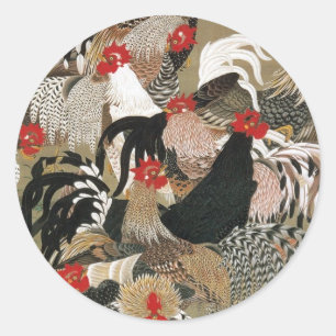 20. 群 鶏 図, 若 冲 Flock of Roosters, Jakuchu Runder Aufkleber