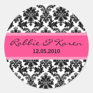 20 - 1,50" Schwarze Damaske & Hot Pink Liebesklebe Runder Aufkleber