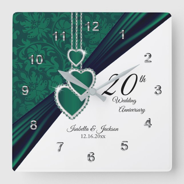 20. Emerald Wedding Anniversary Keepake Quadratische Wanduhr (Vorderseite)