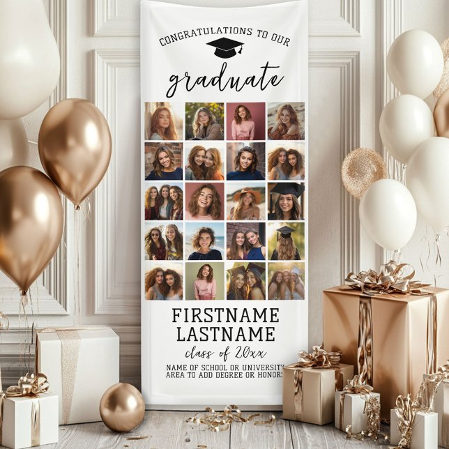 20 Foto Collage Abschluss Moderner Minimal Weiß Banner (Custom Graduation Photo Banner - Great backdrop and Graduation Party Decoration)