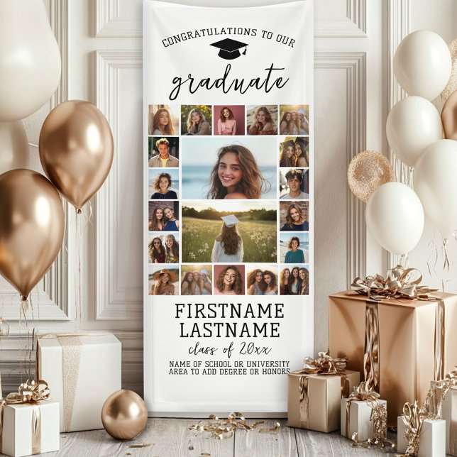 20 Foto Collage Abschluss Moderner Minimal Weiß Banner (Custom Graduation Photo Banner - Great backdrop and Graduation Party Decoration)