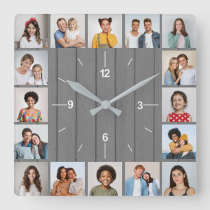 20 Foto-Collage Faux grauer Holz-Zaun Quadratische Wanduhr