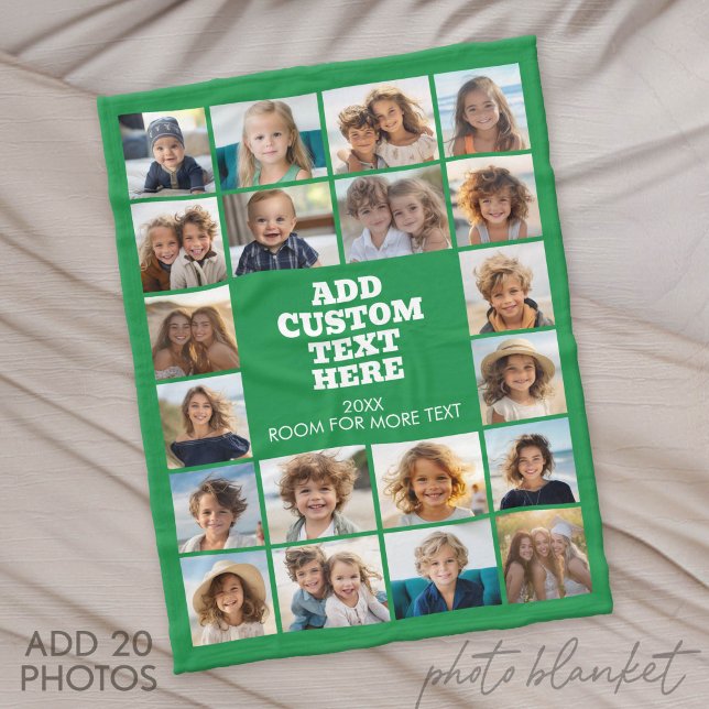 20-Foto-Collage - Grün und Text in der Mitte Fleecedecke (Photo Blanket - Fleece)