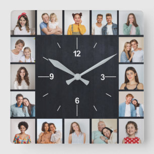 20 Foto Collage Imitats Black Chalkboard Quadratische Wanduhr