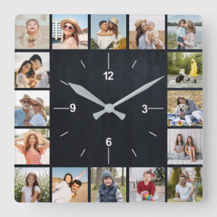 20 Foto Collage Imitats Black Chalkboard Quadratische Wanduhr