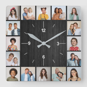 20 Foto Collage Imitats Dunkelschwarzer Holzzaun Quadratische Wanduhr