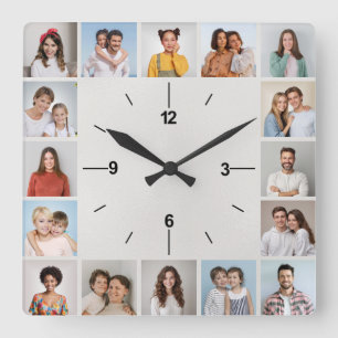 20 Foto Collage Metallische weiße Folie Quadratische Wanduhr