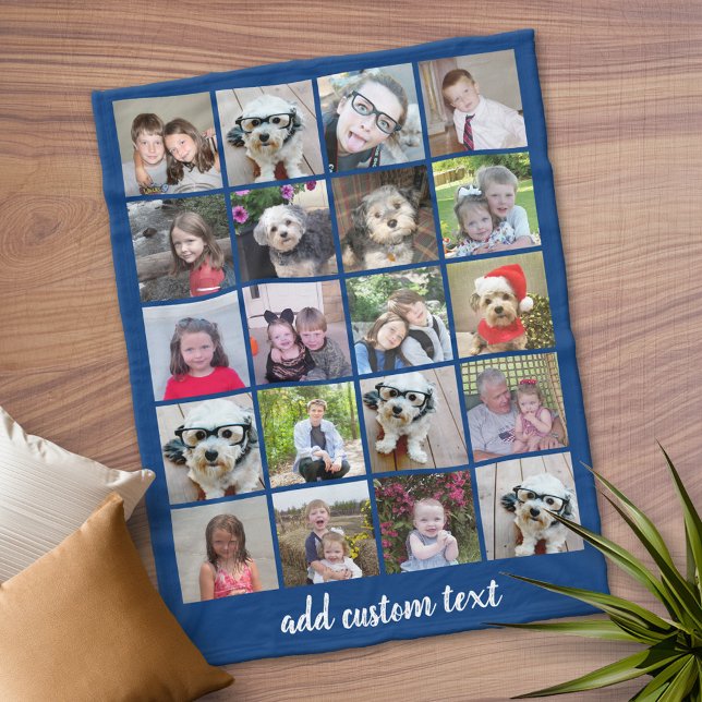 20 FotoCollage - Gitter mit Skripttext - blau Fleecedecke (Personalized Fleece Blanket)