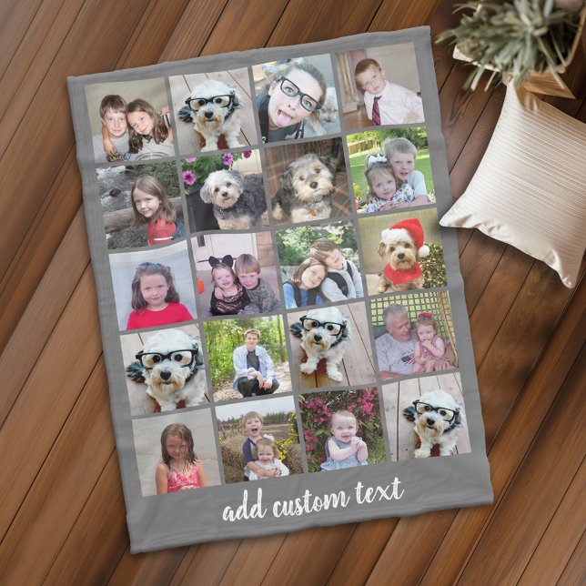 20 FotoCollage - Gitter mit Skripttext - grau Fleecedecke (Personalized fleece blanket with 20 photos and custom text - Makes a great Gift)
