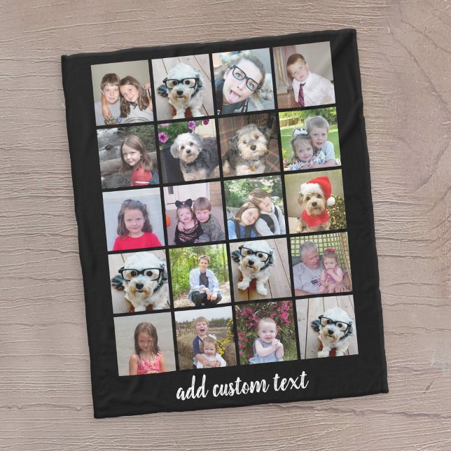20 FotoCollage - Gitter mit Skripttext - schwarz Fleecedecke (20 Photo personalized blanket)