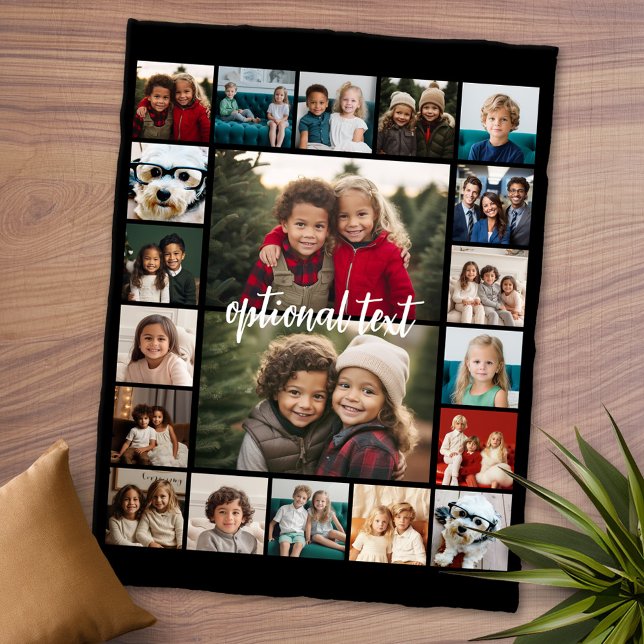 20 FotoCollage Optionaler Text — schwarzer Hinterg Fleecedecke (Personalized Fleece Blanket - Add Photos and Text or Customize completely in advanced design area)